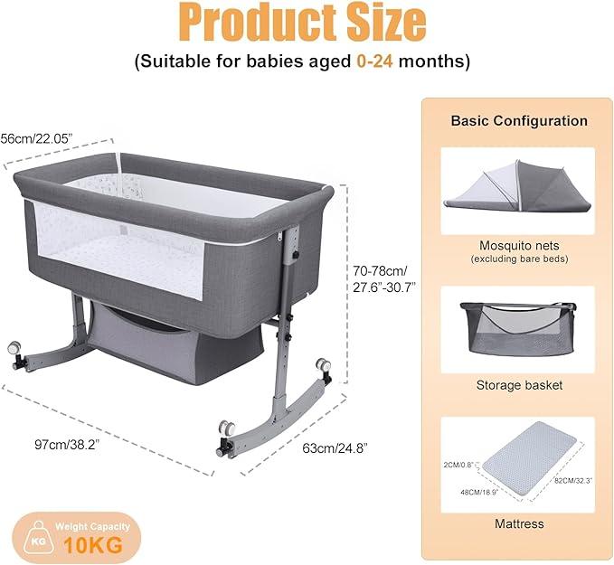 3 in 1 Baby Bassinet,Bedside/Rocking Bassinet for Baby,Bedside Crib with Lockable Wheels,Waterproof Mattress,Adjustable 6 Heights,Portable Bassinets Bedside Sleeper for Newborn Infant