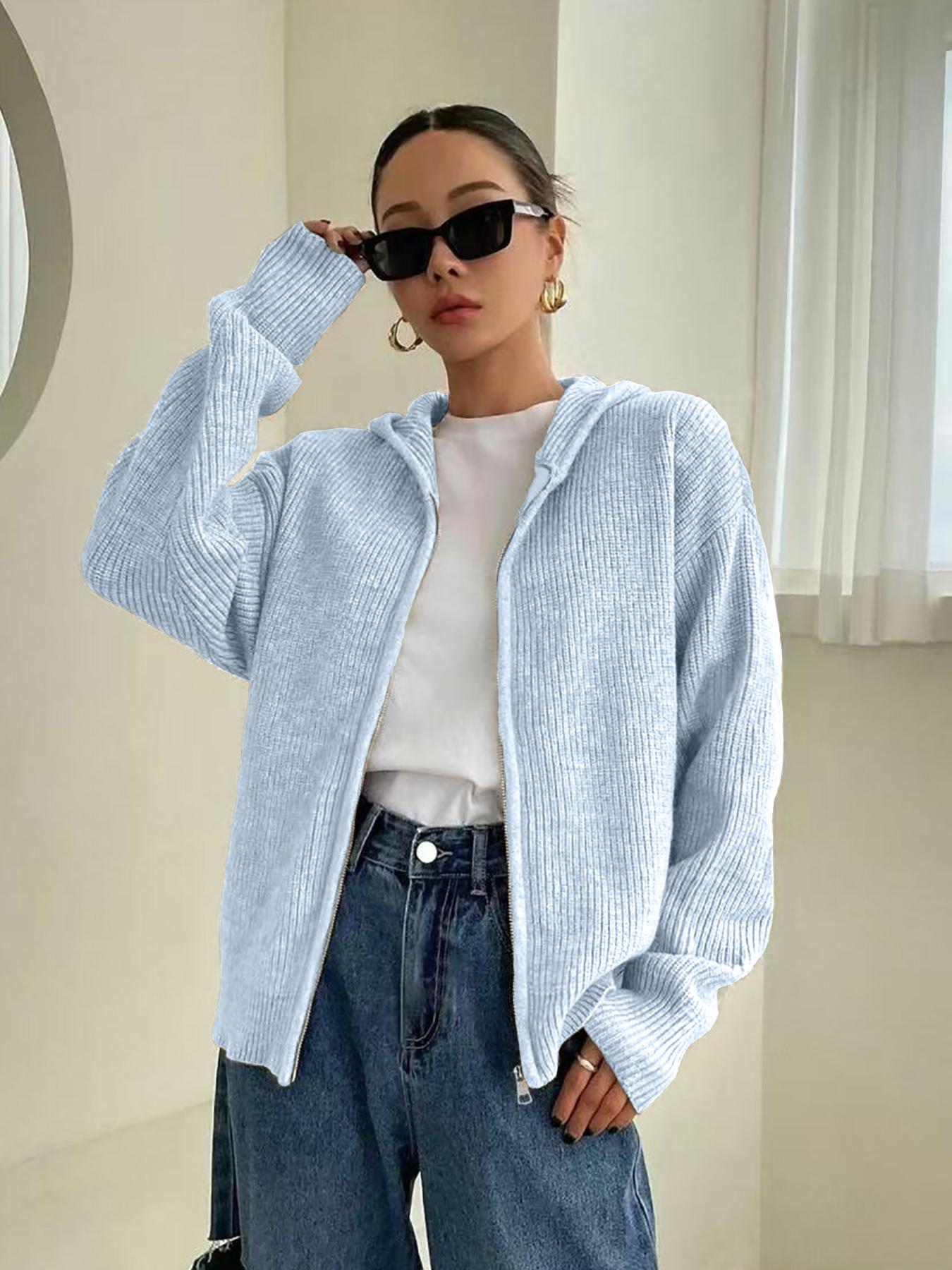 Women's Solid-Color Zip-Up Hooded Cardigan, Casual Fit Long Sleeve Knitwear for Fall & Winter, Ladies' Fashion Sweater for Daily Wear