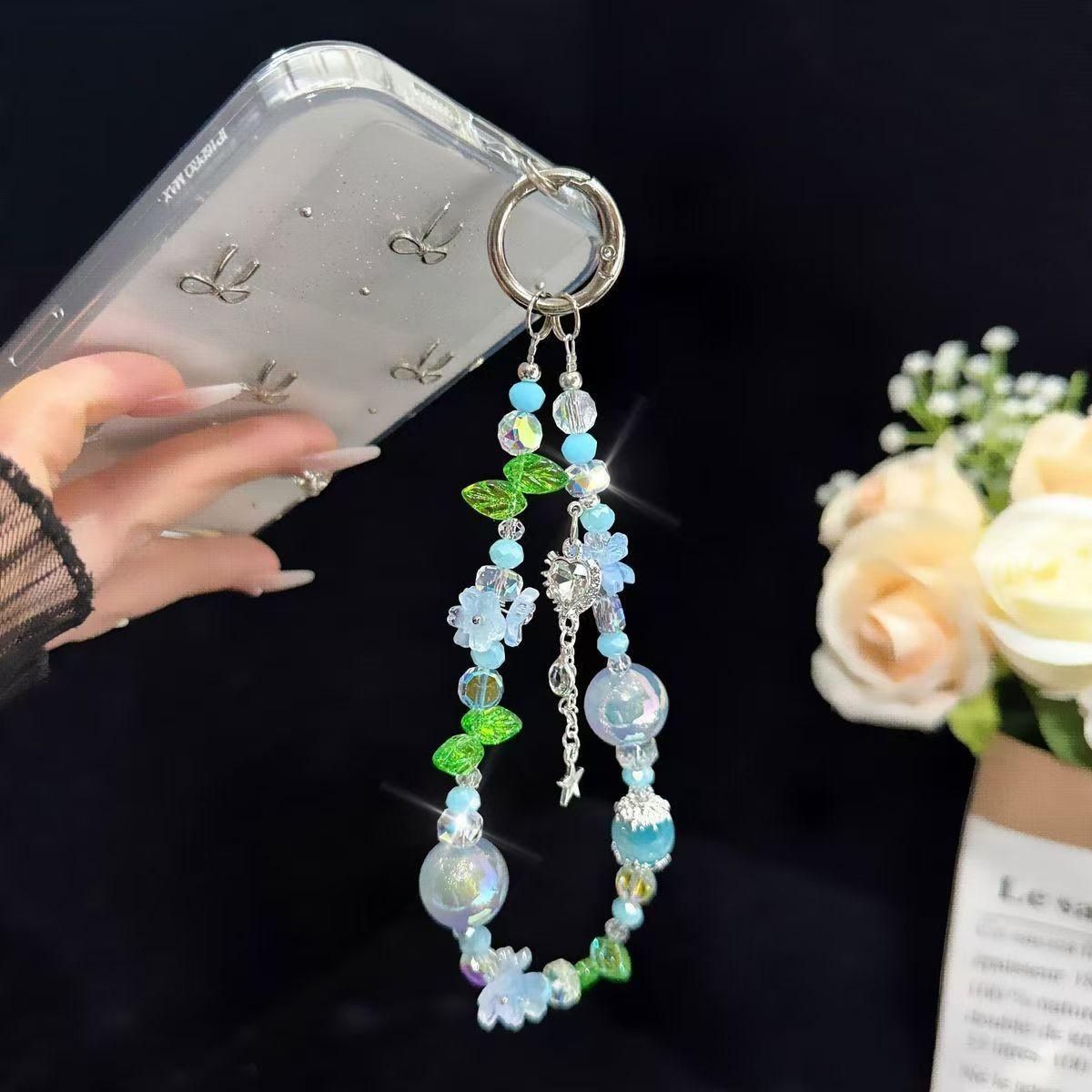 European Style Crystal Phone Charm, Blue Flower Leaf Pearl Silver Star Pendant, Anti-Loss Phone Chain, Fits Phone Case, Ccd Camera Bag Strap