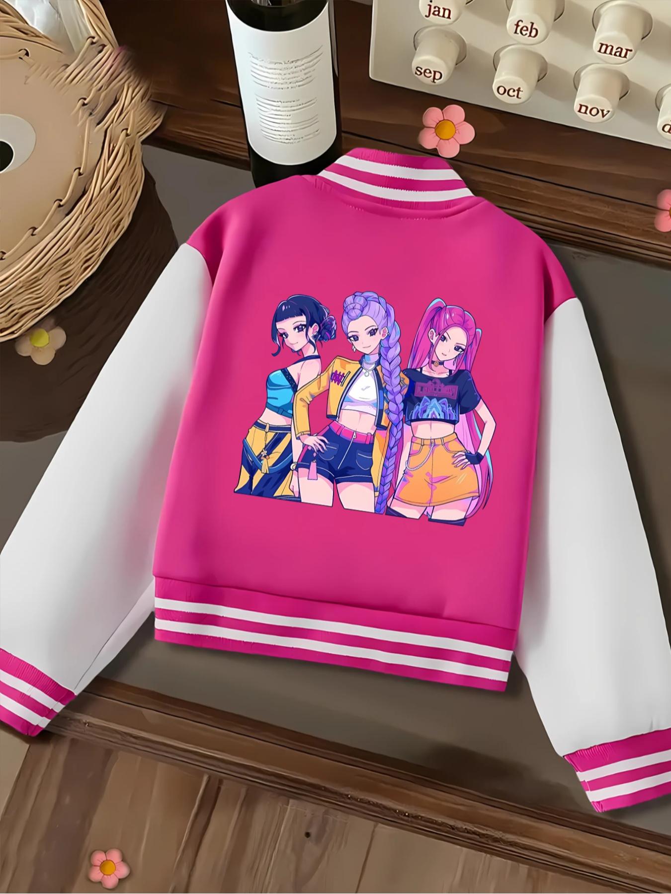 KPOP-Huntress Girl Group  Girls Short Baseball Jacket with Cartoon Design, Fitted Activewear for Kids, Elastic Fabric for Fall & Winter, Trendy School Uniform for Halloween