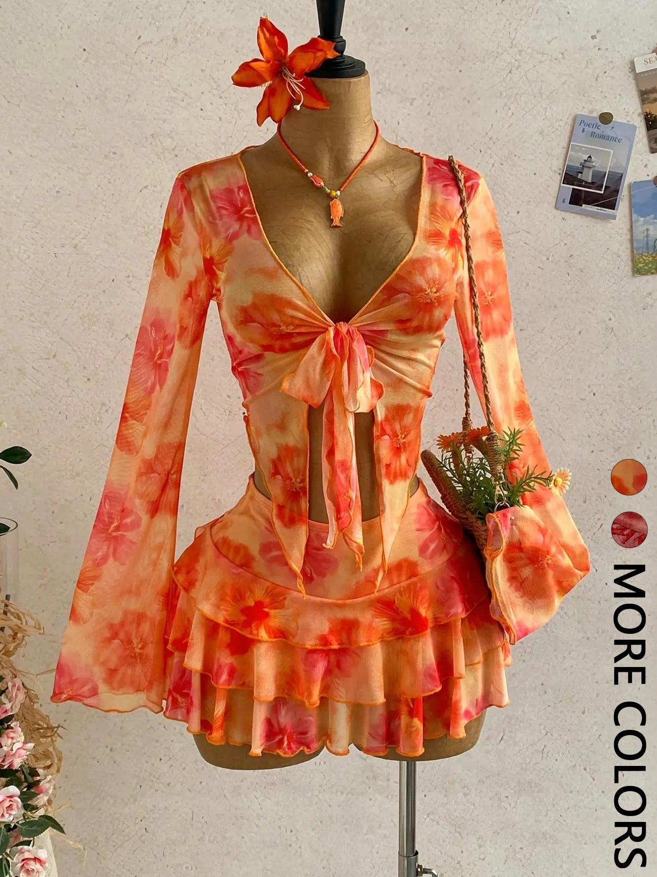 2 Piece Women's Floral Print Mesh Long Sleeve Tie Front Top and Ruffle Mini Skirt Set, Summer Beach Outfit, Fashion Clothing Set
