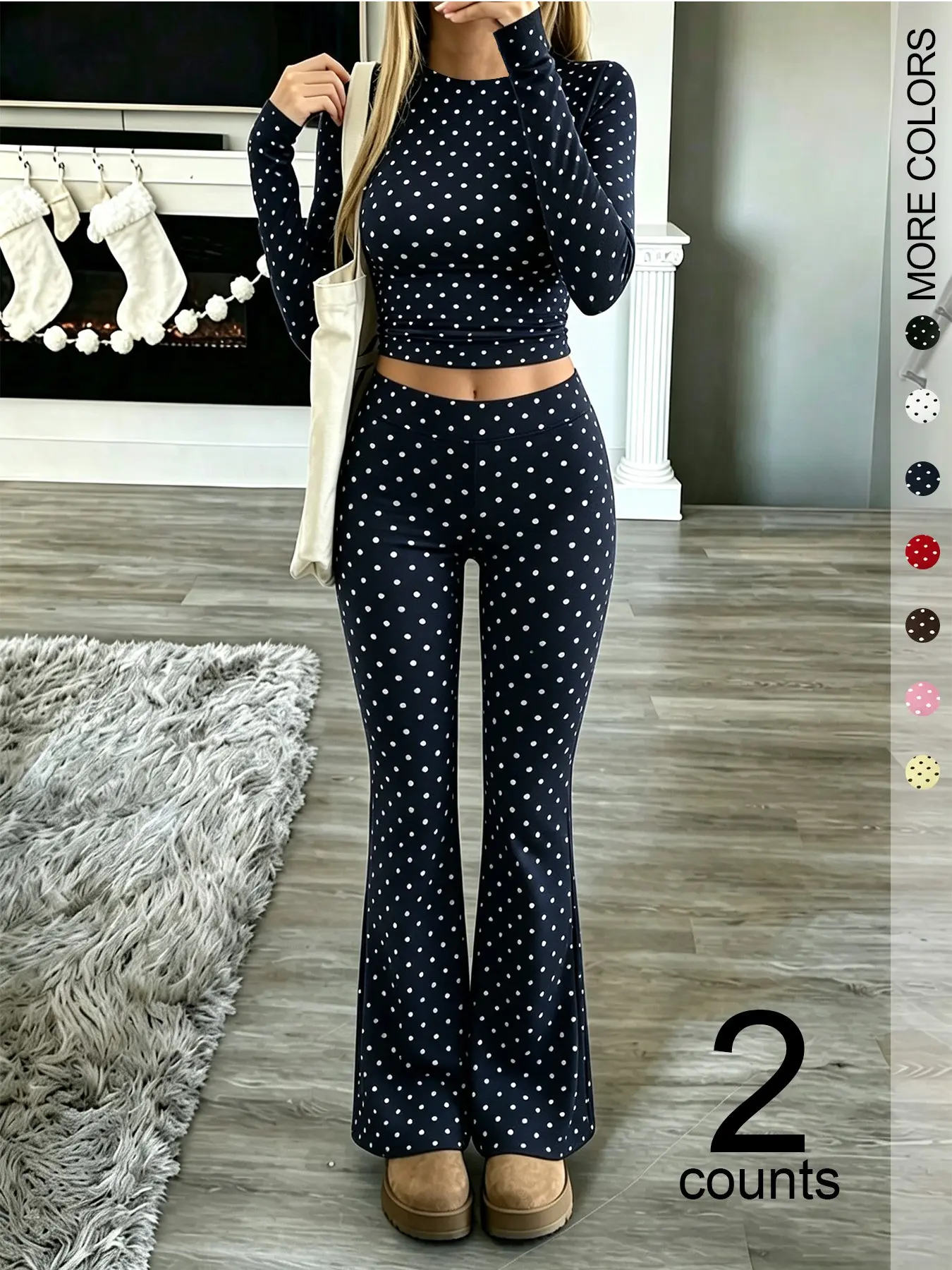 Women’s two-piece set, casual slim-fit round-neck long-sleeve top, matching flared pants