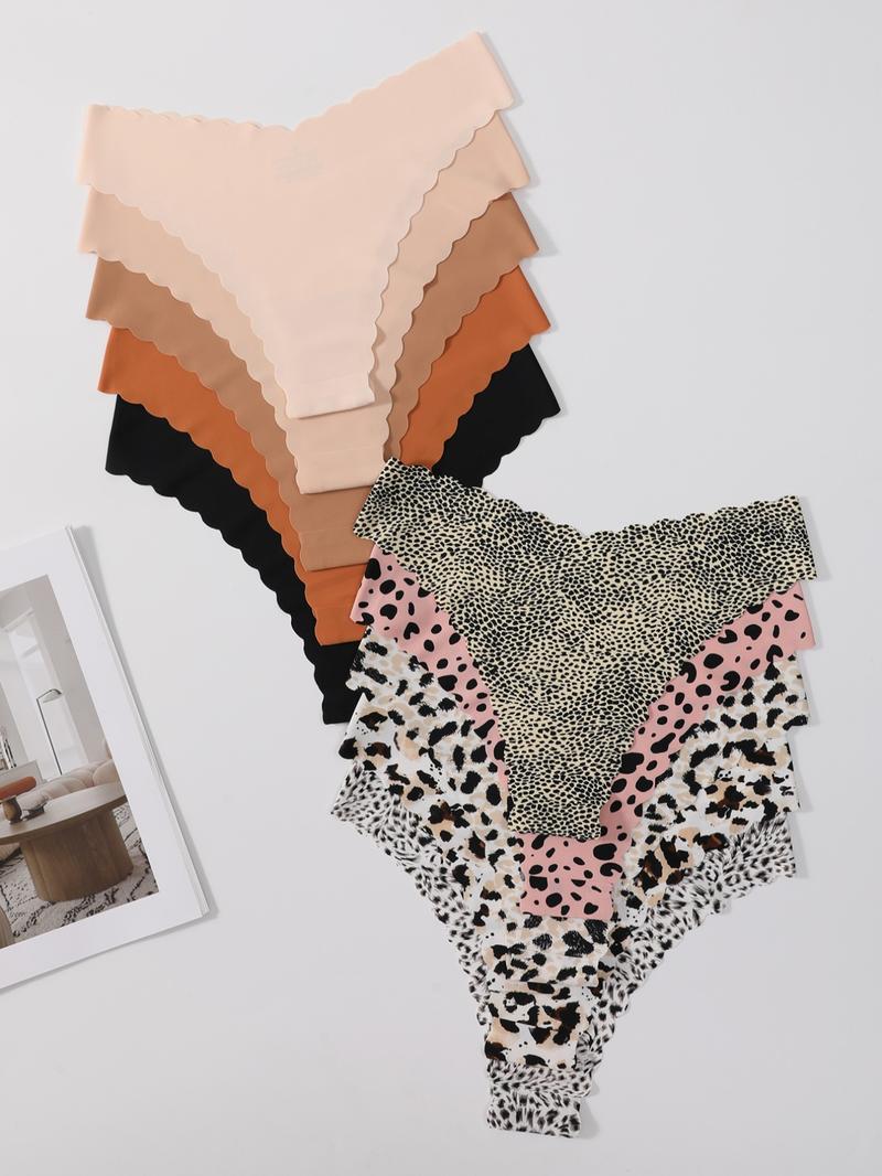 Women's Underwear Set, Pure Color & Leopard Pattern, Fitted Design, Breathable Comfort, Natural Waist Line, All Season Wear