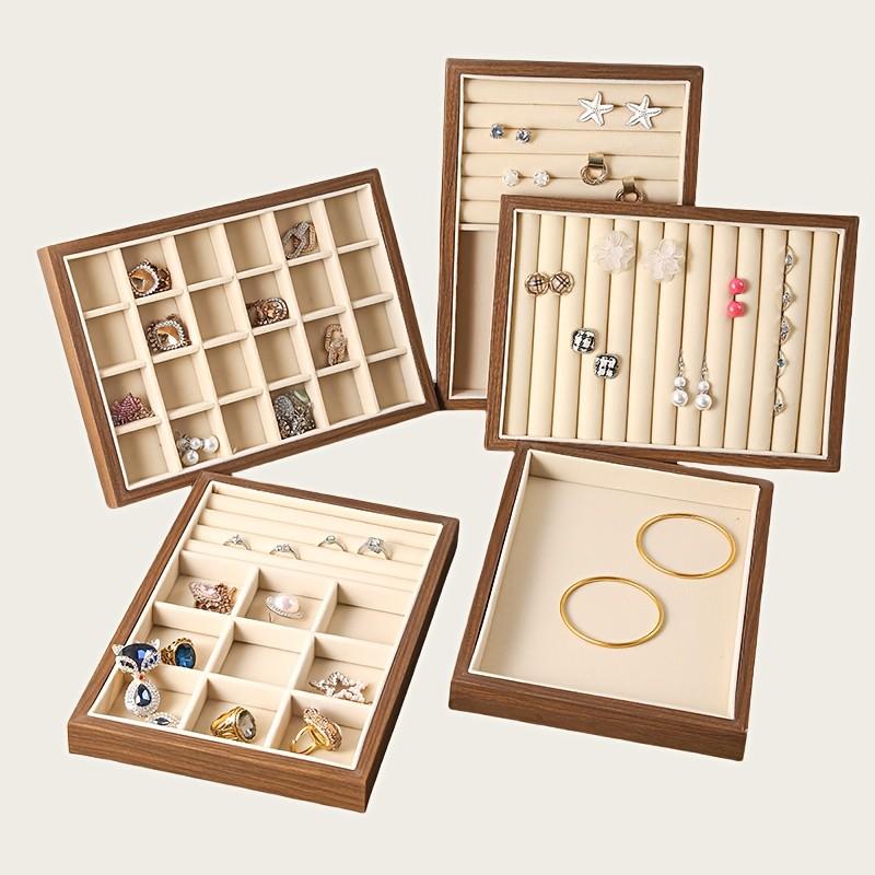 Walnut Wood Jewelry Storage Tray, Multi-Compartment Ring Earring Display, Large Capacity, Luxury Square Design, No Jewels Included