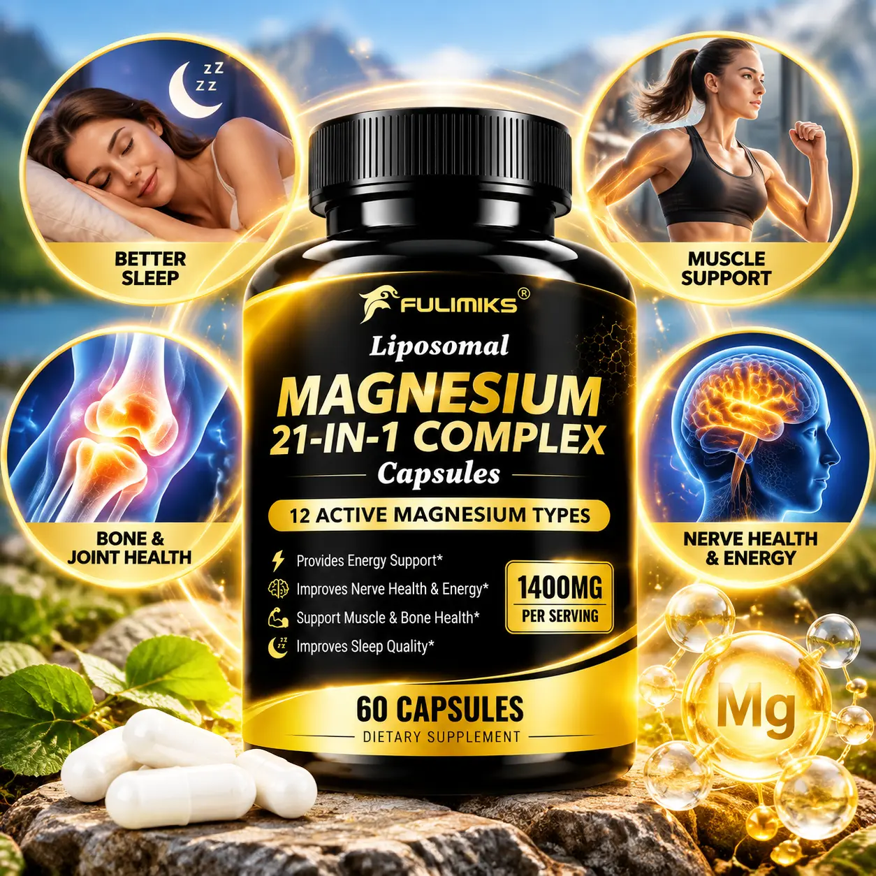 FULIMIKS Liposomal Magnesium 21-in-1 Complex Capsules - L-Theanine Vitamins, Minerals & Wellness Supplements with Ashwagandha, Zinc, B6, Methyl B12, Vitamin C, D3, CoQ10 - Supports Nerves/Muscles, Energy Production, Relaxation & Sleep Quality