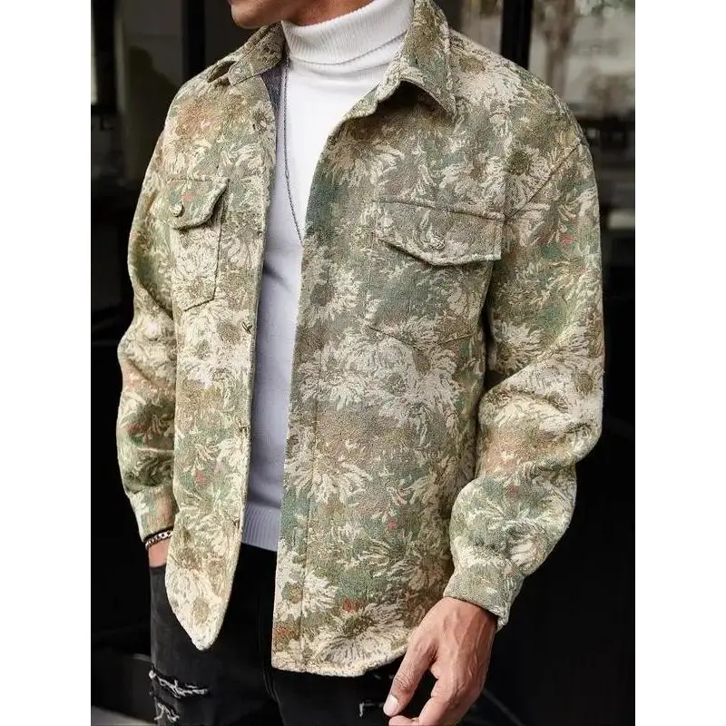 Retro Daisy Jacquard Fabric Jacket for Men, Spring Autumn Outdoor Streetwear, Trendy Athletic Casual Coat