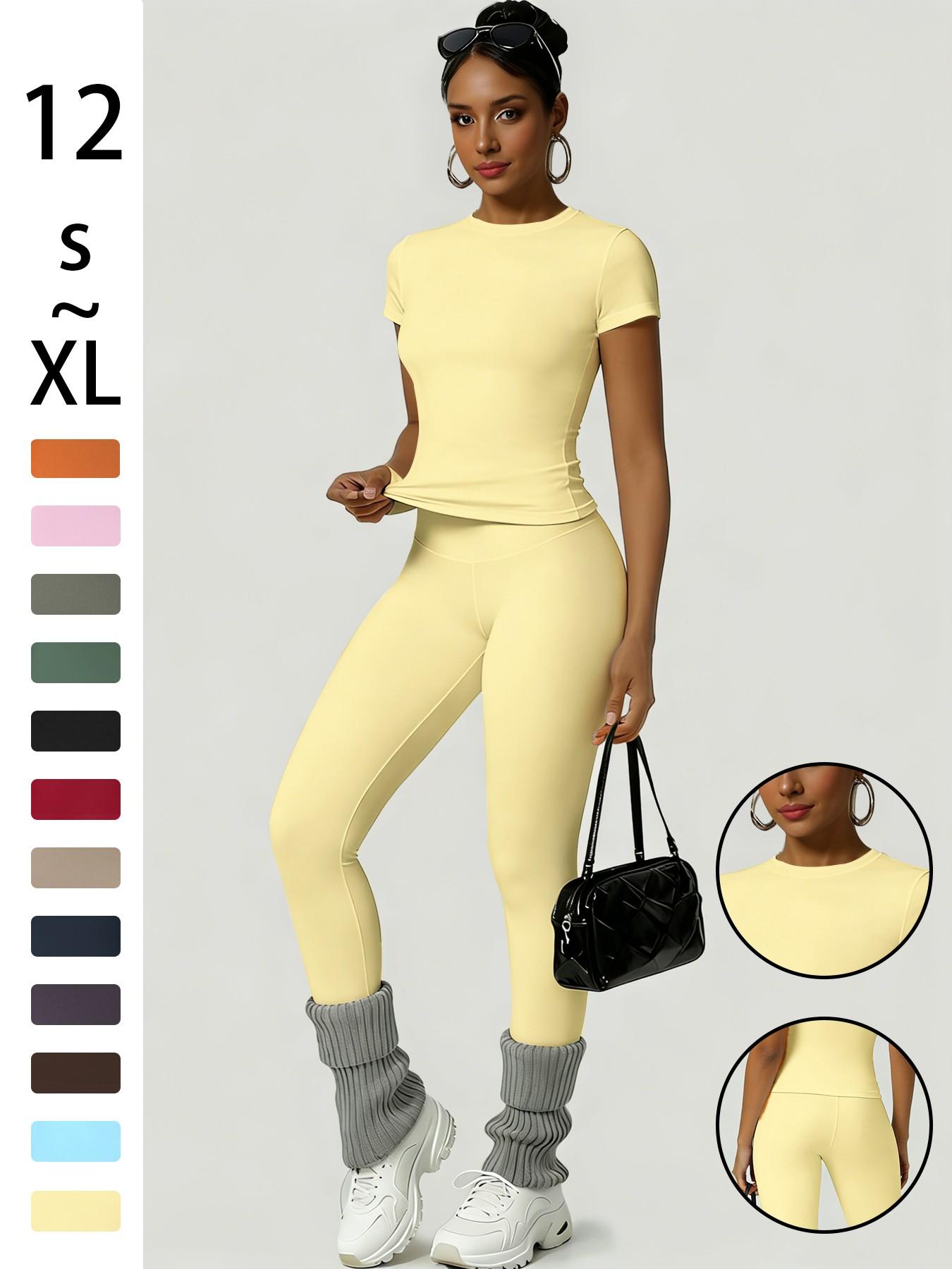 Women's Sporty Slim Fit High-Waisted Yoga Pants & Short Sleeve Round Neck Tee Set, Soft Breathable Activewear for Gym, Running and Outdoor Activities