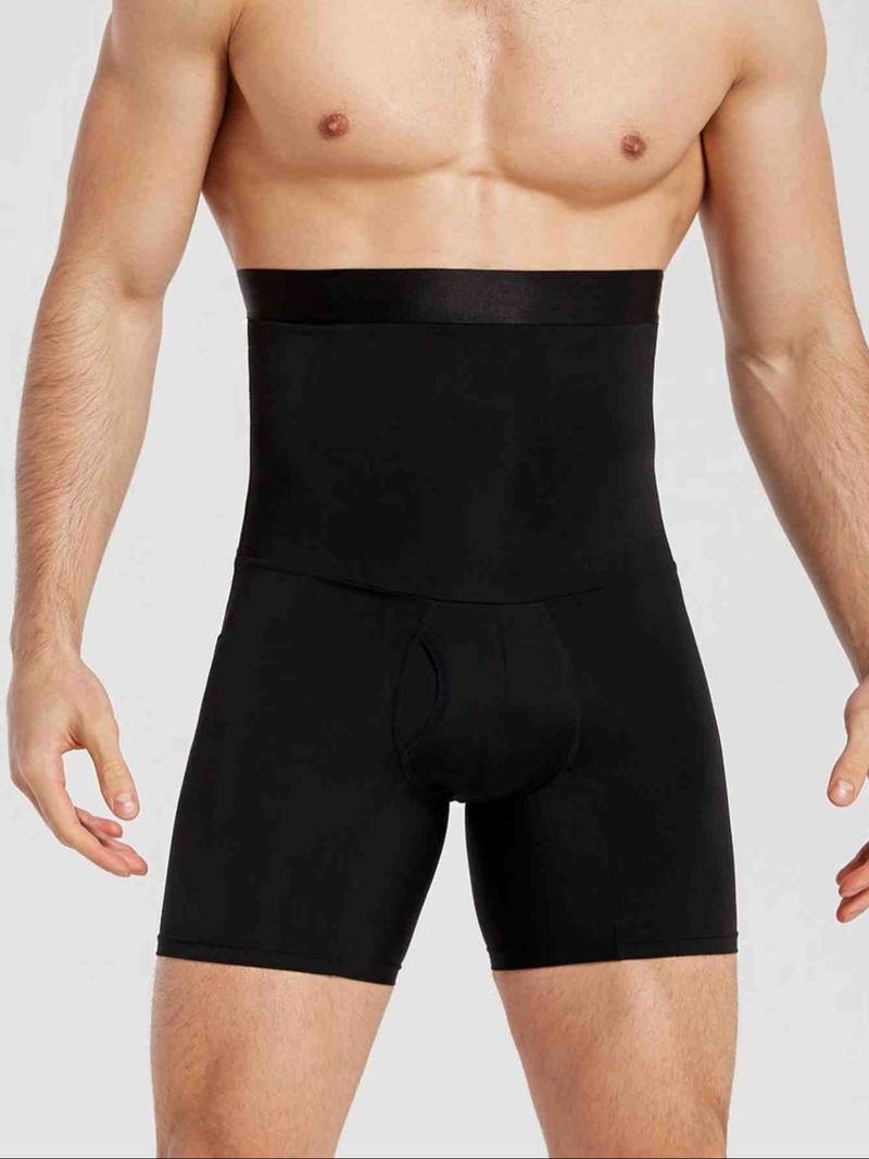 Plus Size High Elasticity Body Shaper, Smooth Belly, Lift Hip, Comfortable High Waist Tight Pants, Men's Polyester Knit Fabric, Solid Color