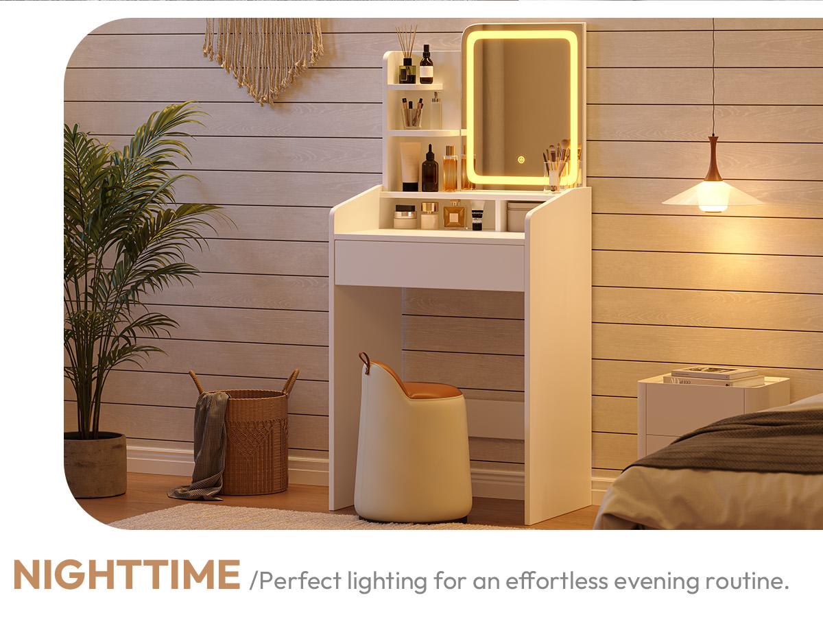 Dowinx Small Vanity Desk with Mirror and Lights, Makeup Vanity with Drawer & Storage Shelves, Makeup Desk with 3 Lighting Modes & Adjustable Brightness, Dressing Table for Women Girls Bedroom