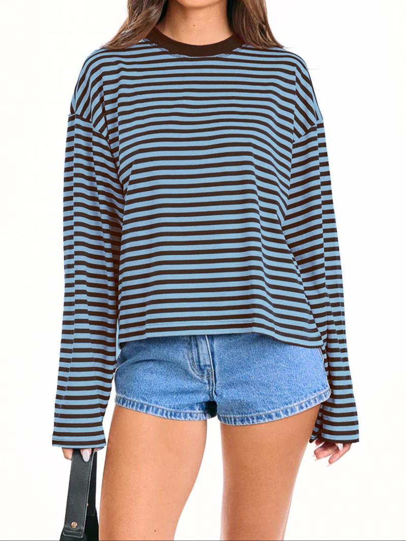Women's Casual Loose-Fit Striped Long Sleeve Oversized Top, Trendy Street Style Round Neck Pullover