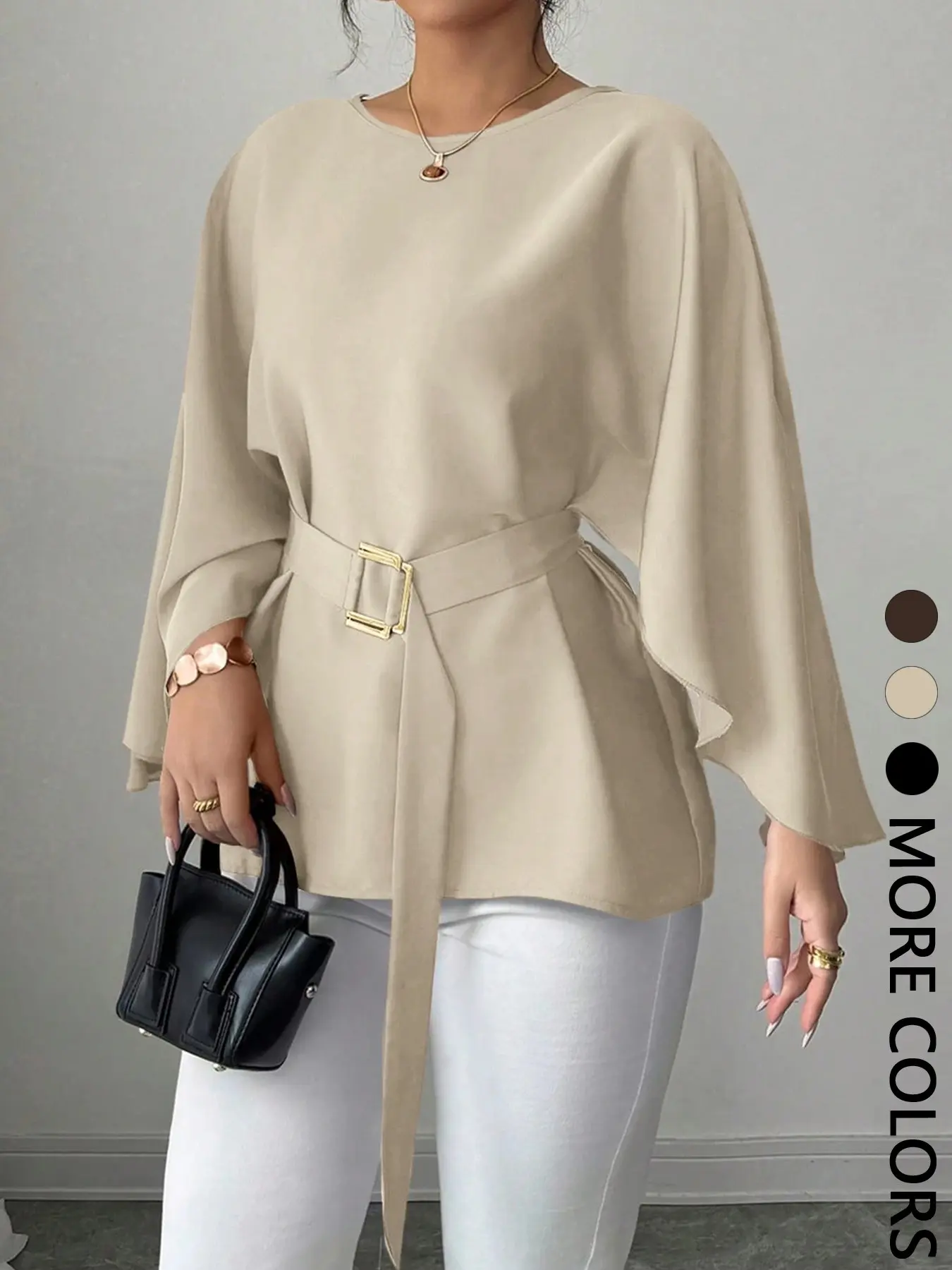 Women's Round Neck Split Flare Sleeve Blouse with Buckle Belt, Keyhole Back Button Closure, Elegant Waist Defined Chic Top for Office Work, Date Night and Casual Everyday Wear, Elegance