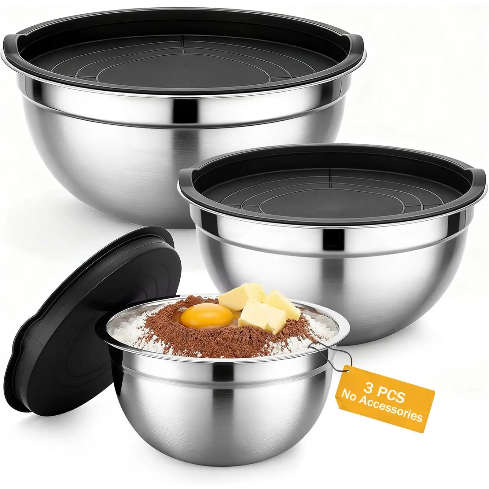3-Pieces Stainless Steel Nesting Bowls Set with Airtight Lids, Food-Safe Dishwasher-Safe Modern Chic Tableware, Large-Capacity Kitchenware for Salad Prep, Baking, Summer Gifting, Food-Safe Bowls