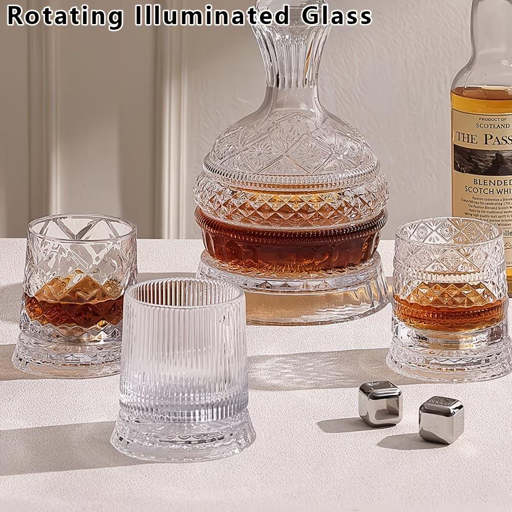9oz 360° Rotatable Whiskey Glass LED Light Up Base Carved Crystal Tumbler for Party Wedding New Year Gift