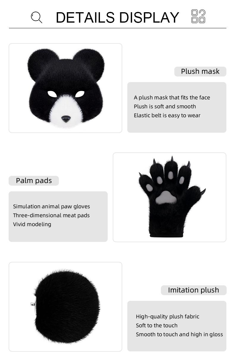 Furry Black Bear Cosplay Set – Plush Bear Mask, Paw Gloves & Tail for Halloween, Costume Parties & Cosplay Events