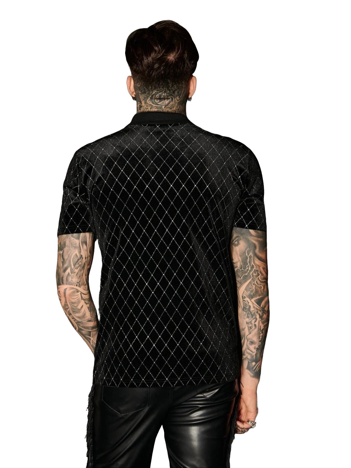 ZAFUL Men Argyle Pattern Quarter Zip Velvet Polo Shirt, For Husband Men's Velvet Printed Sparkly 1/4 Zipper Short Sleeve Collared Shirt Going Out Tops