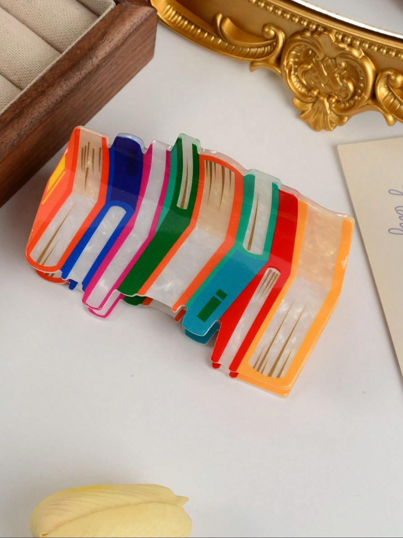1/5-Pack Creative Bookshelf Hair Claw Clip – Cute Rainbow Color Block Acrylic Hair Accessories, Fun Book Lover Aesthetic Claw for Thick Hair, Large Non-Slip Hairpiece Gift for Daily Wear, Travel & Photoshoots