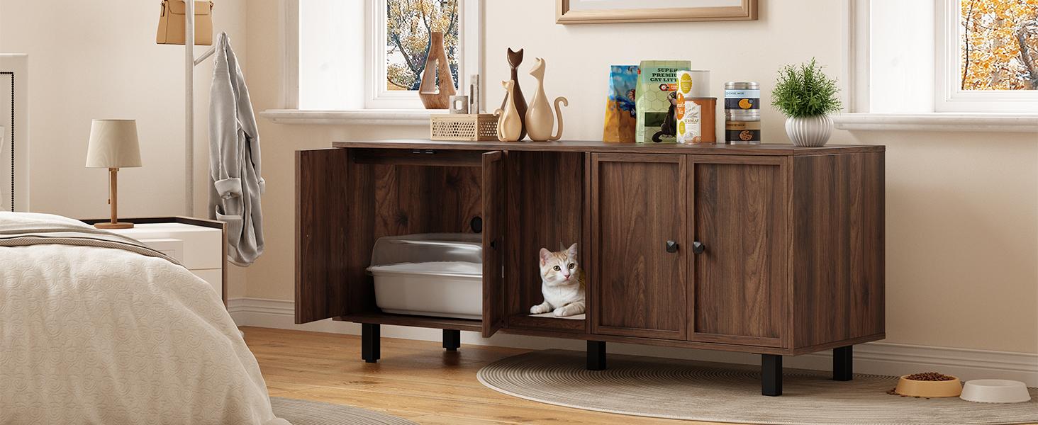 【SPOTLIGHT DAY】ONBRILL 59 Inches Cat Litter Box Enclosure for 2 Cats, Hidden Litter Boxes Furniture with Cat Scratch Pad, Large Indoor Pet House with Double Room, Wooden TV Stand Side Table 【SPOTLIGHT DAY】ONBRILL 59 Inches Cat Litter Box Enclosure for 2 Cats, Hidden Litter Boxes Furniture with Cat Scratch Pad, Large Indoor Pet House with Double Room, Wooden TV Stand Side Table
