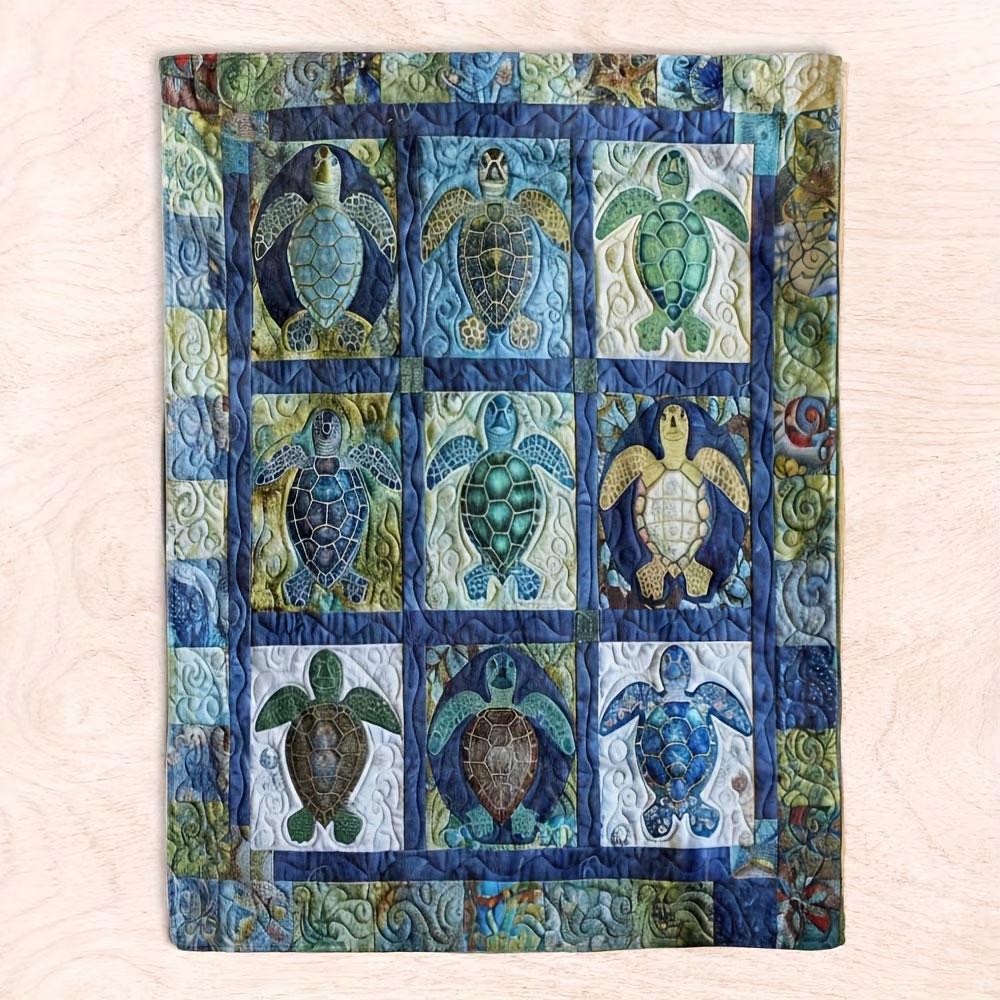 Comfortable Turtle Patchwork Flannel Blanket, Soft Warm Vibrant Design, Unique Blue Quilted Pattern, Vintage Style