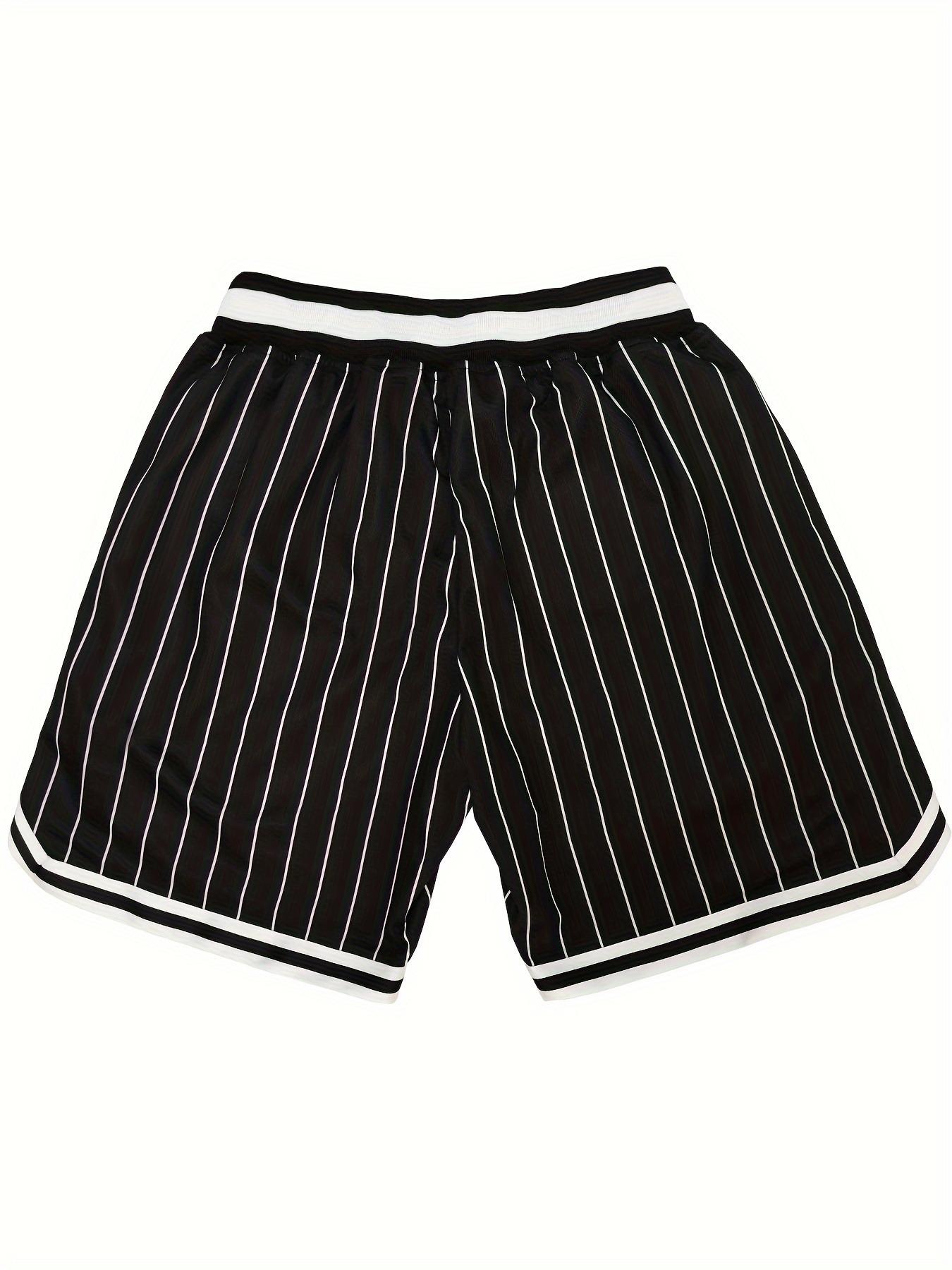 Men's Number Embroidery Pocket Elastic Waist Sports Shorts, Casual Breathable Comfortable Shorts for Outdoor Basketball Game Training Running, Men's Sportswear for All Seasons, Athletic Shorts, Stripes Print Shorts