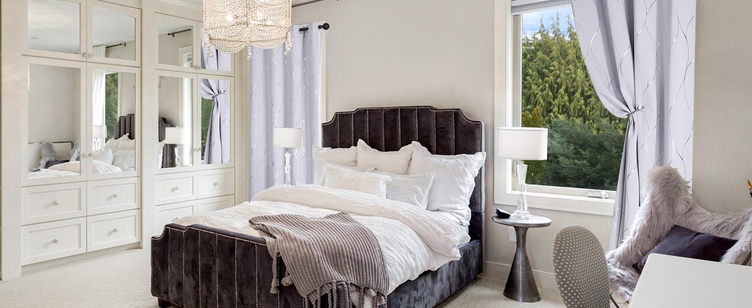 Deconovo Blackout Curtains (2 Panels, Silver|Gold Wave Print) - Thermal Insulated, Soundproof Room Home Decor Drapes for Living Room, Bedroom & Office