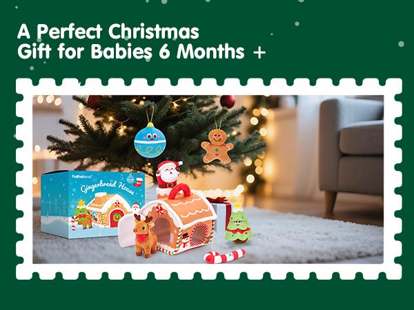 hahaland My First Christmas Gingerbread House Cottage Toy Set for Baby 6-18 Months Musical & Sensory Plush Toys with Santa Reindeer Rattles Early Learning Development 7-Piece Holiday Gift
