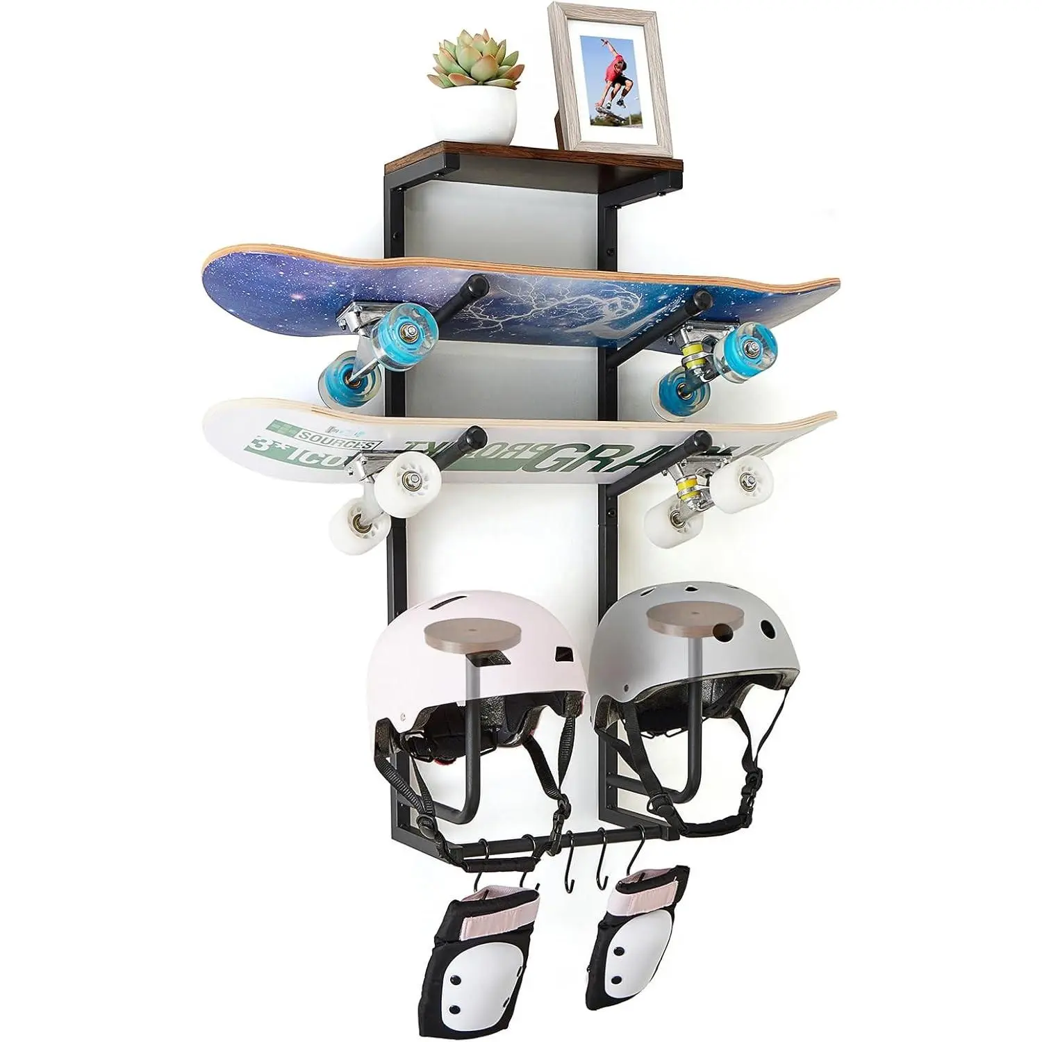 Skateboard Wall Mount Rack — Horizontal Multi-Board Display Shelf & Hanger, Longboard Deck Cruiser Holder, Wooden Helmet Stands & Accessories Hooks, Home Garage Wall Storage Organizer (Black)