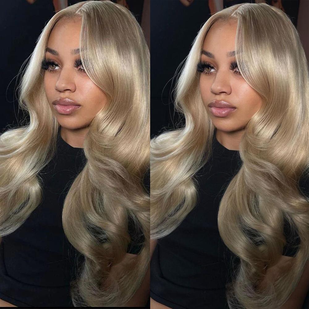 Milk Tea 200% Density Ash Blonde Body Wave Wigs Toned Ombre Blonde Human Hair 13X6 HD Transparent Thin Lace Frontal Wig Glueless Human Hair Wigs With Baby Hair Can Be Restyled