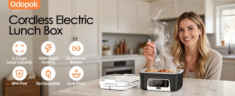 Cordless Electric Heated Lunch Box, 1.5L - 6.3Cups 20000mAh Rechargeable Battery Powered with Automatic Heating, Smart Timer, BPA Free,Including Spoon, Insulated Carry Bag, Removable Tray Divider