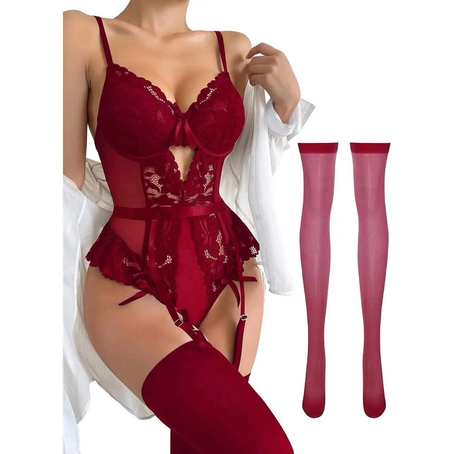 Sexy Stocking Lace Mesh Bodysuit Top Underwire Garter Lingerie Set 3 Piece