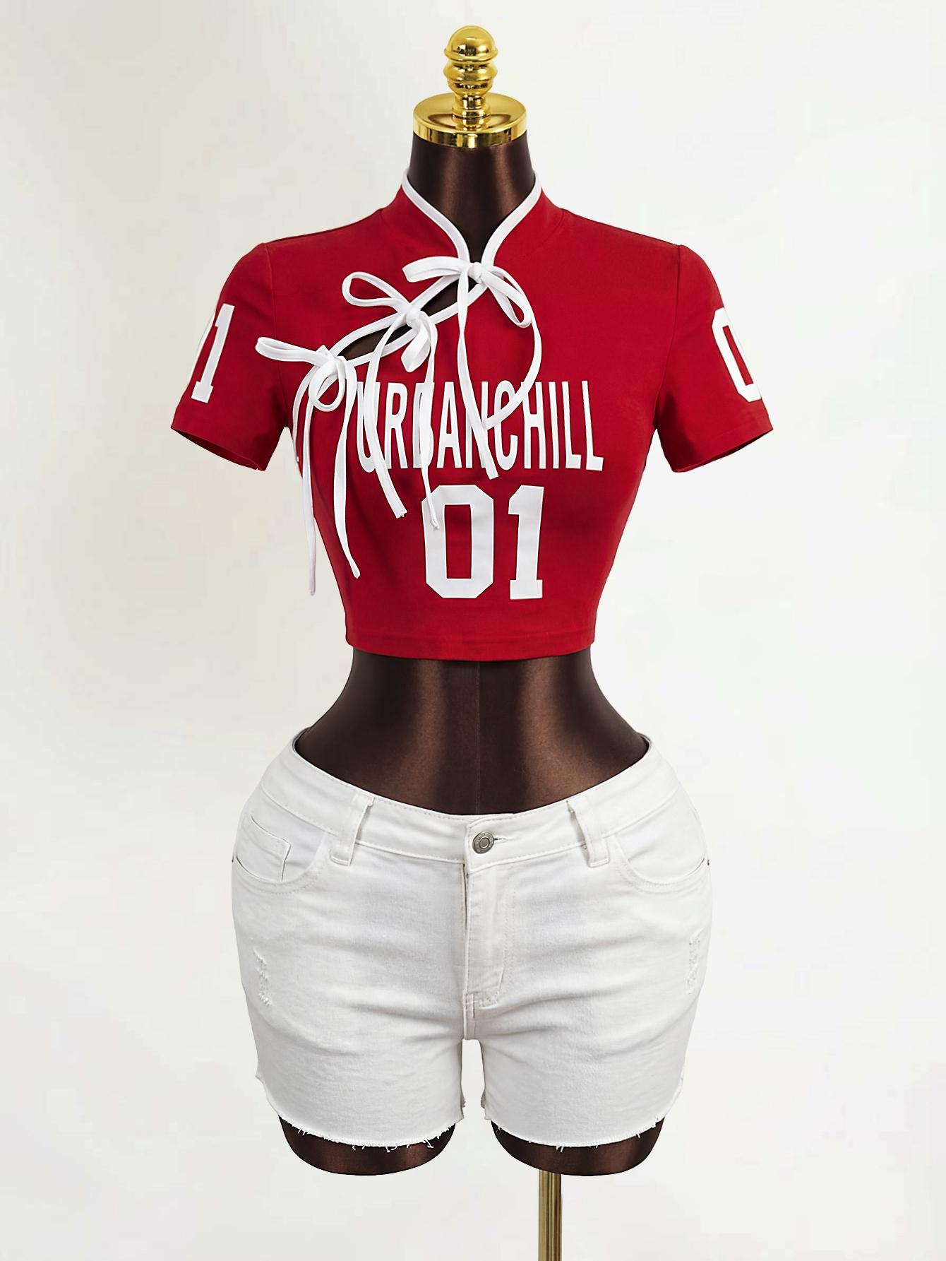 Tie Front Short Sleeve Crop Top, American Vintage Y2K Style, Sexy Sporty Casual Tee, Women's Fashion Top, Summer Wear