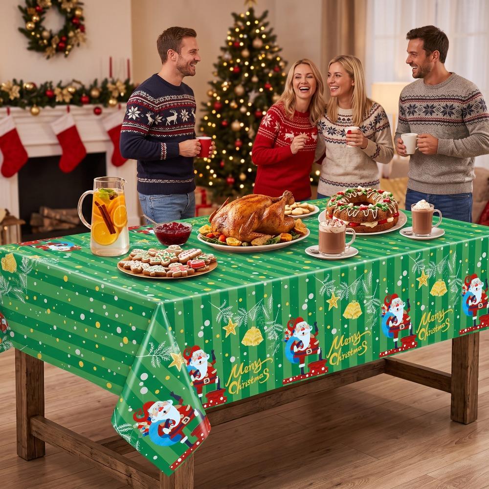 1/3 Pcs Disposable Waterproof Aluminum Foil Christmas Rectangle Tablecloth, 54×72/54×108 Inch Green Stripe Santa Bell Merry Christmas Print Decorative Table Cover for Holiday Dinner, Family Gathering and Christmas Party Decorations