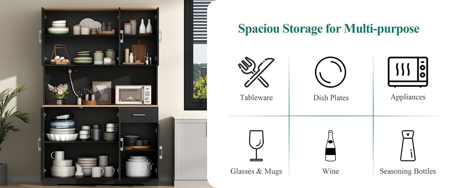 Farmhouse Kitchen Pantry Cabinet 71" Tall with 4 Adjustable Shelves, 6 Doors, Power Outlet, Freestanding Design for Kitchen Storage Cupboard