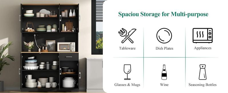 Farmhouse Kitchen Pantry Cabinet 71" Tall with 4 Adjustable Shelves, 6 Doors, Power Outlet, Freestanding Design for Kitchen Storage Cupboard