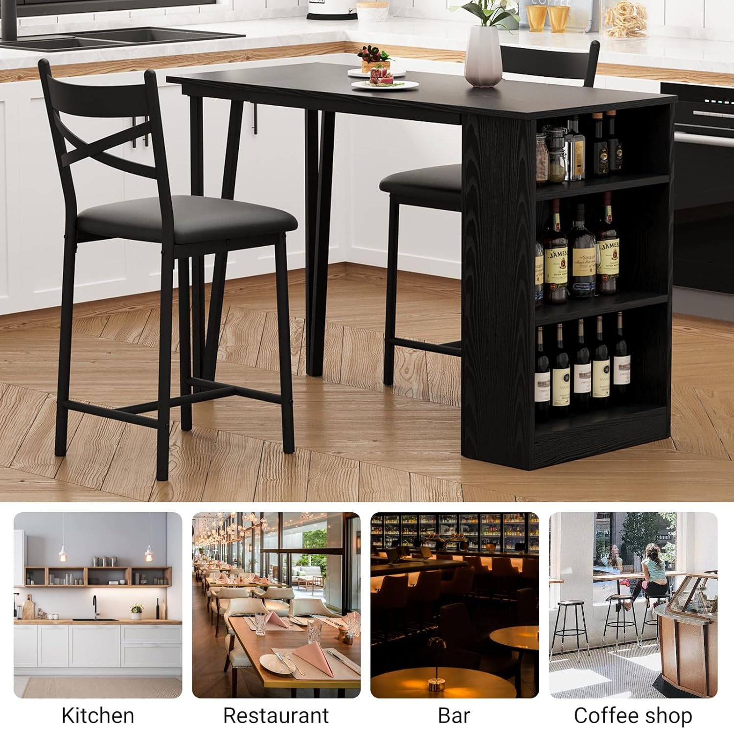 3-Piece Dining Table Set, Counter Height Kitchen Table Set for 2 with 3 Storage Shelves, Expandable Bar Table with 2 Cushioned Chairs for Small Spaces, Apartment 3-Piece Dining Table Set, Counter Height Kitchen Table Set for 2 with 3 Storage Shelves, Expandable Bar Table with 2 Cushioned Chairs for Small Spaces, Apartment