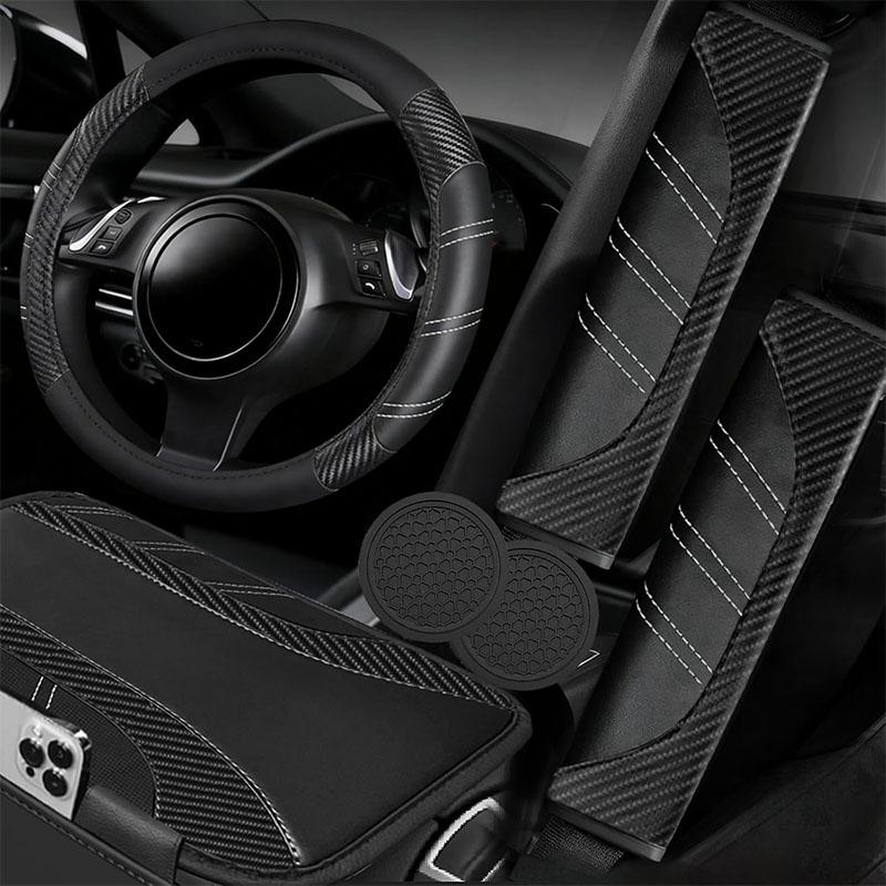 6Counts Car Interior Accessories Set: Sporty PU Leather Steering Wheel Cover (14.5-15 inch Universal), Microfiber PU Leather Car Console Cover, Seatbelt Pads, Cup Holder Pads. Suitable for Men and Women, All Seasons.