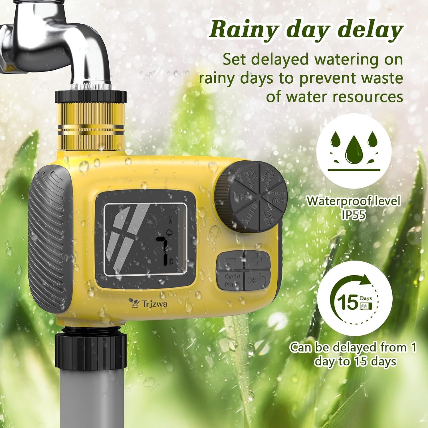 TRJZWA Water Timer with LCD Display, 2025 Latest Automatic Watering System with 3 Separate Watering Programmes, Irrigation Timer with Child Lock/Rain Delay Function for Garden Watering/Pool Filling