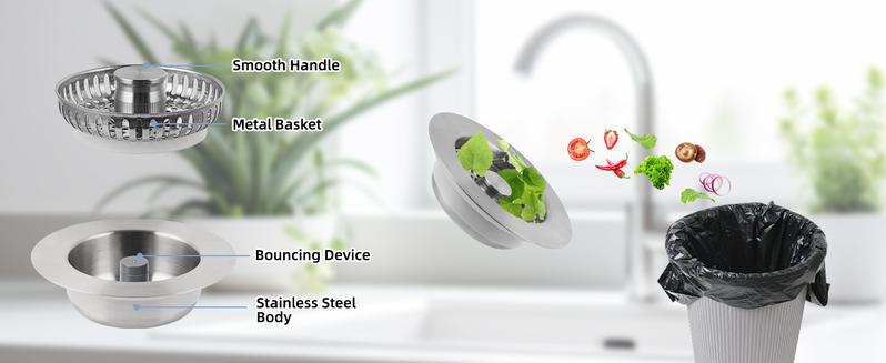 All Metal Kitchen Sink Strainer Stopper Combo - Stainless 3-in-1 Pop Up Sink Drain Strainer with Handle Rod for US Standard 3-1/2 inch Drain Filter, Anti-Clog