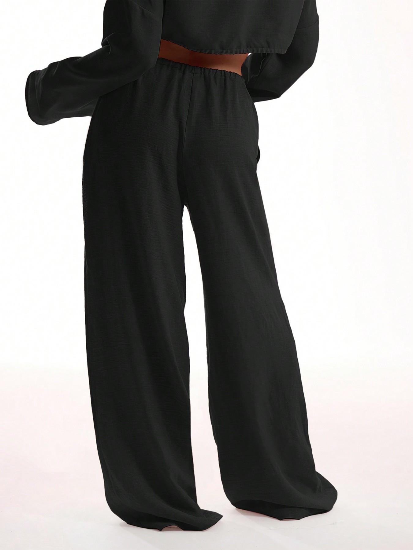 Women's Casual Loose Black Linen Wide Leg Pants Elastic Waist Drawstring Baggy Trousers Streetwear Yoga Lounge Wear