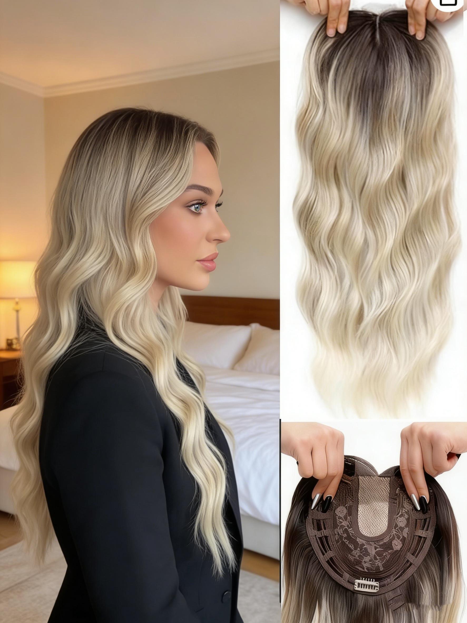 🔥 No More Bad Hair Days! 22" Dark Brown Wavy Clip-In Hair Topper, Invisible Lace Base, Premium Synthetic Hair, Seamless Blend for Thinning Hair & Instant Glam!