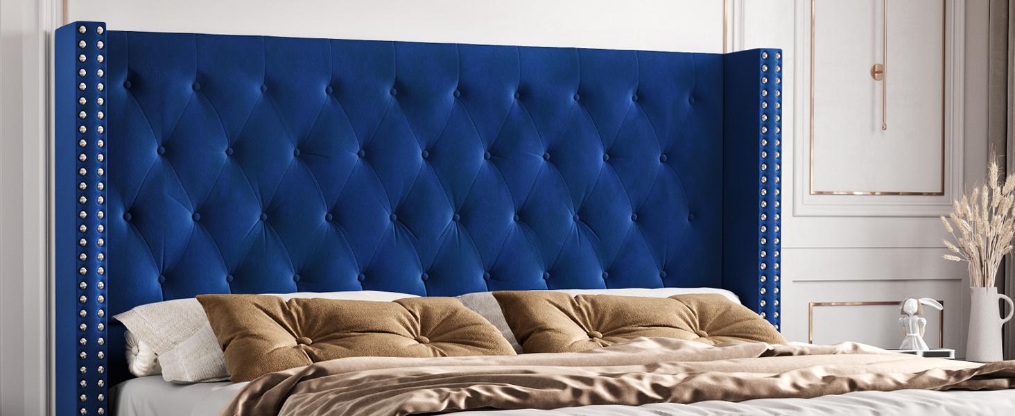 VanAcc Upholstered Bed Frame with 49.2" Tall Headboard, Modern Wingback Platform Bed, Low Profile Velvet Tufted Button, No Box Spring Needed