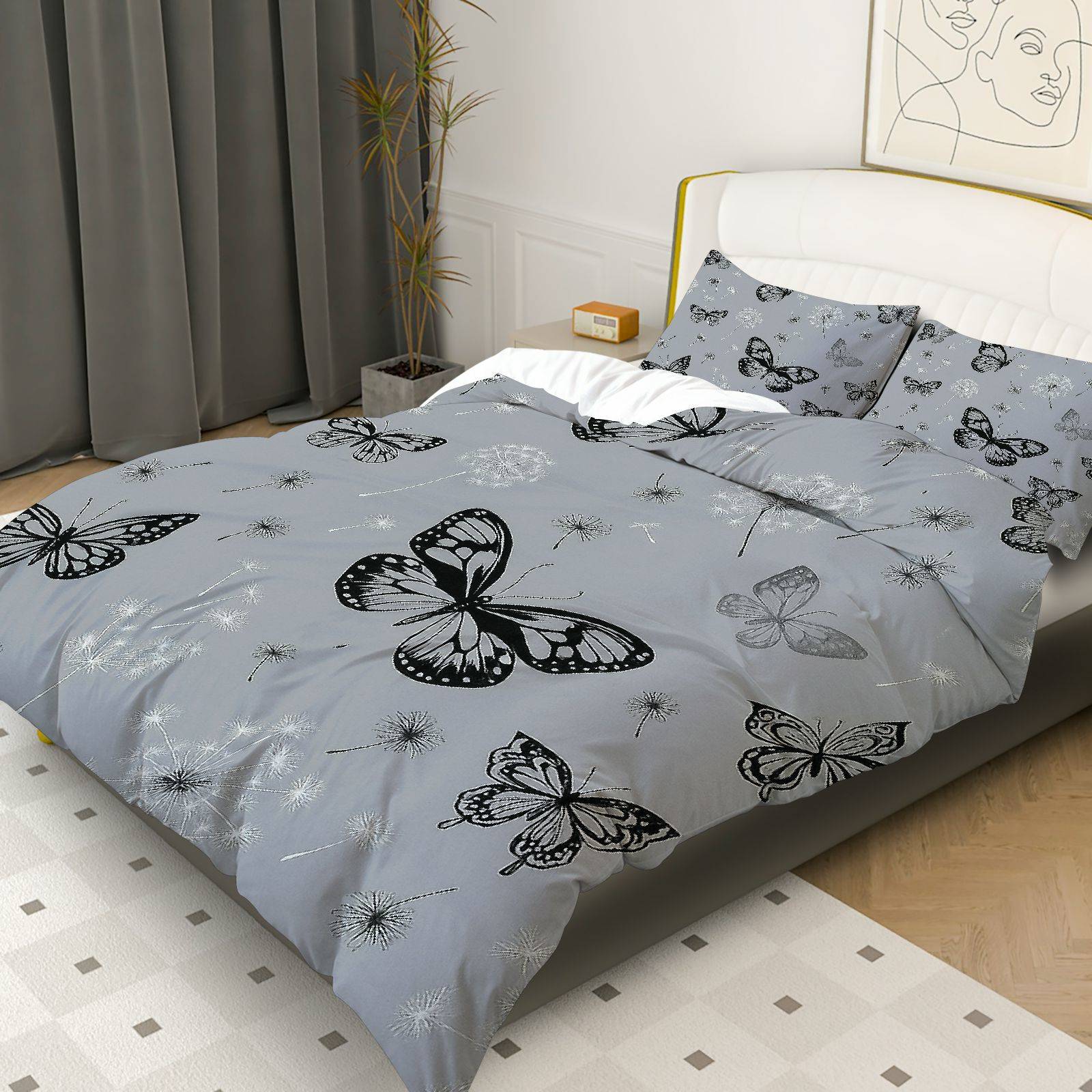 3PCS Duvet Cover Set, 1 Duvet+2 Pillowcases(Without filler), Butterfly Dandelion Nature Grey theme, Seasonal bedding set, Butterfly Print Suitable for decoration Bedroom Living Room Guest Room Hotel.