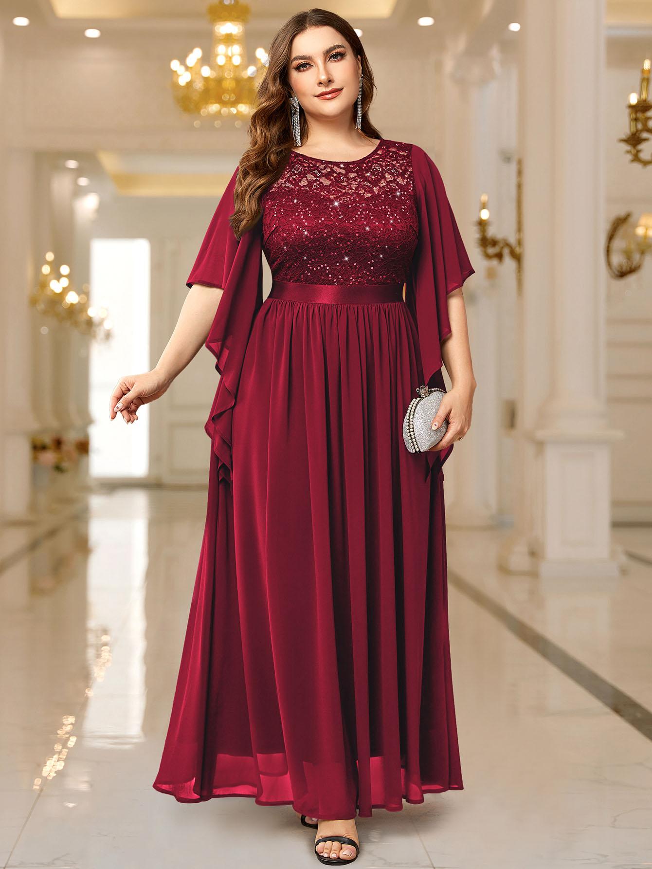 Miusol P83099 Plus Size Women's Sequin Floral Lace Chiffon Flare Sleeve Formal Dress Elegant Evening Gown All Seasons Party dress,Evening dress Normal Type  Womenswear Maxi Dress SpringStatements