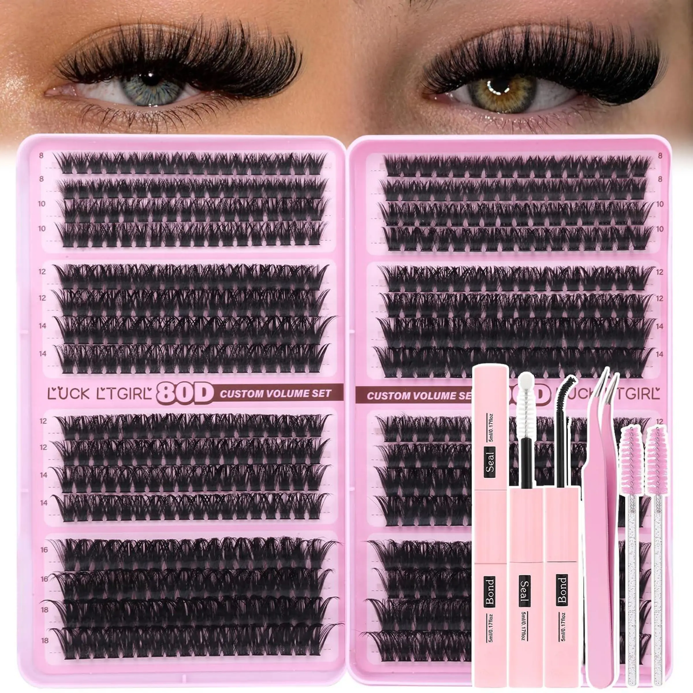 80D+100D Volume Lash Clusters Kit,552PCS DIY Lash Extension Kit 8-18MM Mix Length D Curl Individual Cluster Lashes with Bond & Seal,Tweezers & Brushes,Soft Wispy Volume Lashes for Party  At Home Salon Eyelash Extensions