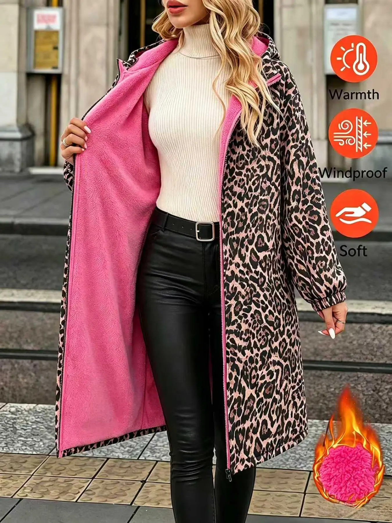 Y2K American Leopard Print Long Coat, Thick Lined Warm Outerwear, Loose Fit with Hood, Zipper Closure, Street Style for Shopping and Dating