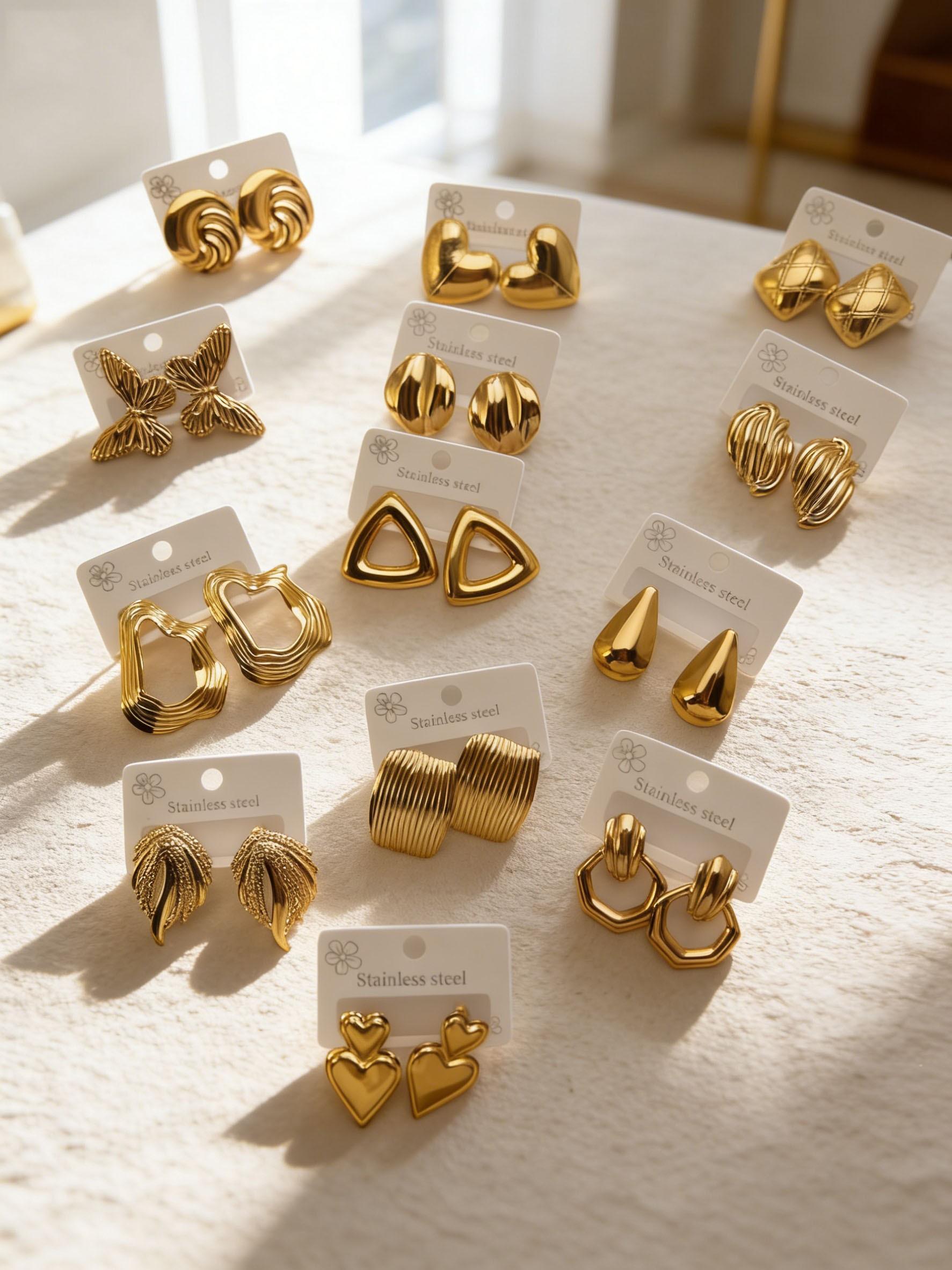 18K Gold Plated Stainless Steel Earrings Multipack, Geometric Triangle Heart Drop Earrings, Lightweight Hypoallergenic Fashion Jewelry for Sensitive Ears