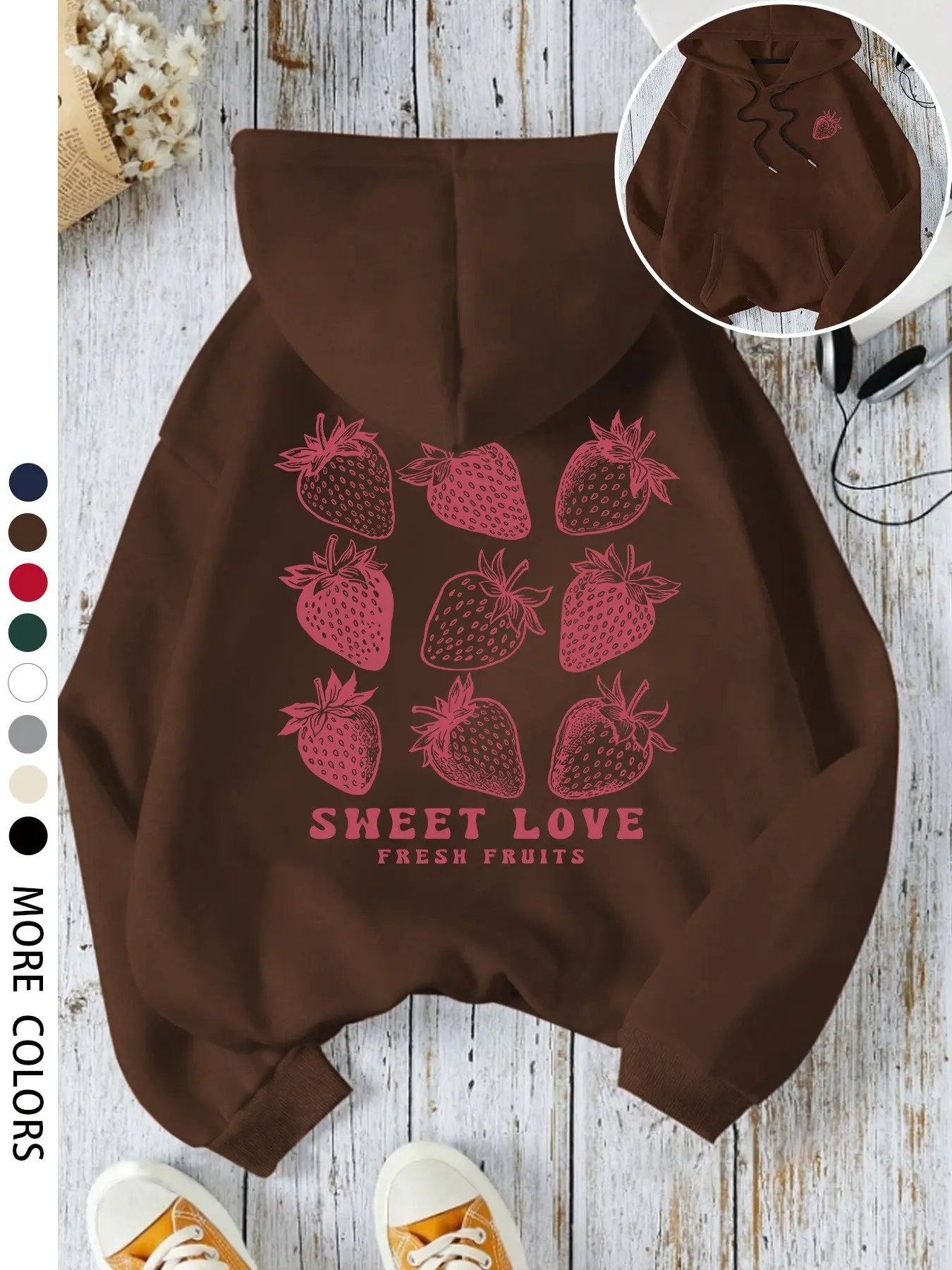 Women's Casual Loose Fit Strawberry Pattern Hoodie, Long Sleeve Sweatshirt with Large Pockets, Fall Winter Fashion Top for Daily Wear