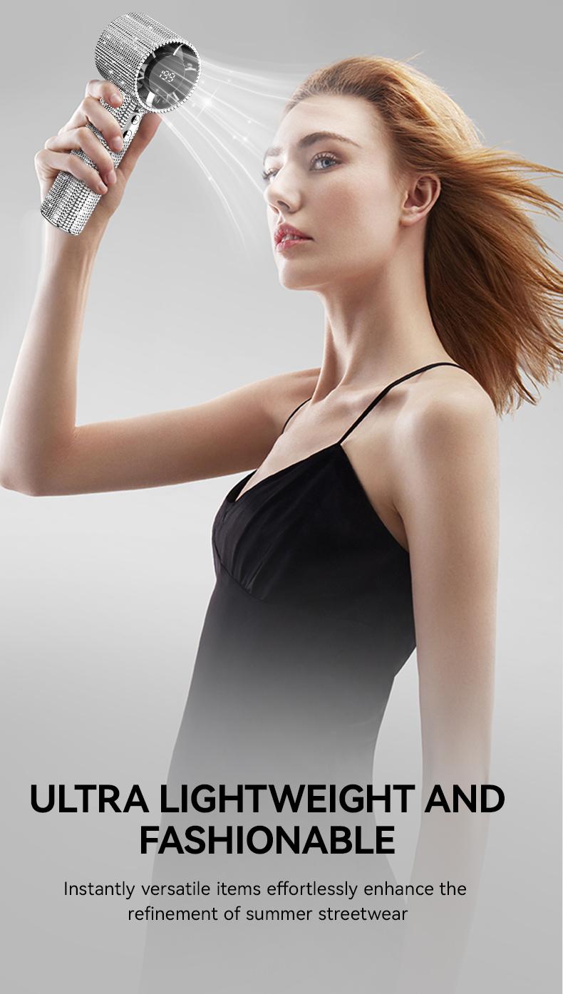 MGALL S5 Full Diamond Luxury Craftsmanship Portable Handheld Turbo Fan, 3 Gear Wind, Rechargeable Long  Battery Life Hand Fan With Digital Display For Outdoor Activities, Travel, Office,Wonmen's gift