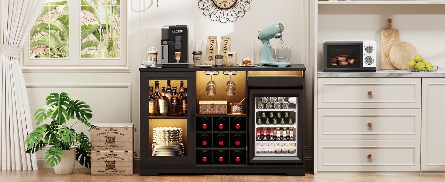 MIIFUNY Coffee Bar Cabinet with Fridge, Liquor Cabinet with LED Lights & Glass Holder, Mini Fridge Cabinet with Wine Storage, Human Body Sensor, Sideboard Buffet Table for Kitchen Dining Room, Black MIIFUNY Coffee Bar Cabinet with Fridge, Liquor Cabinet with LED Lights & Glass Holder, Mini Fridge Cabinet with Wine Storage, Human Body Sensor, Sideboard Buffet Table for Kitchen Dining Room, Black
