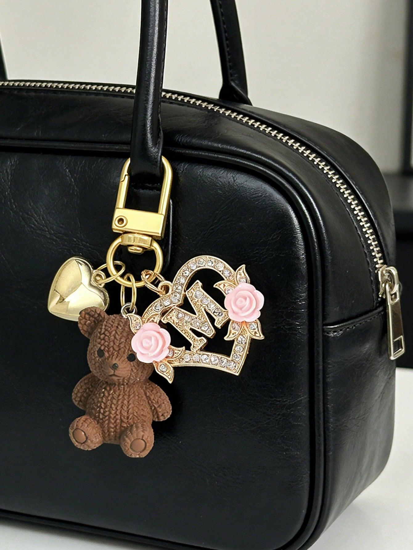 1 letter teddy bear keychain, hollow heart-shaped flower letter design, cute bear pendant charm suitable for handbags, wallets, backpacks, travel bags, Bag Charms, decorative keychain suitable for gym, classroom, games, Keychain Accessory
