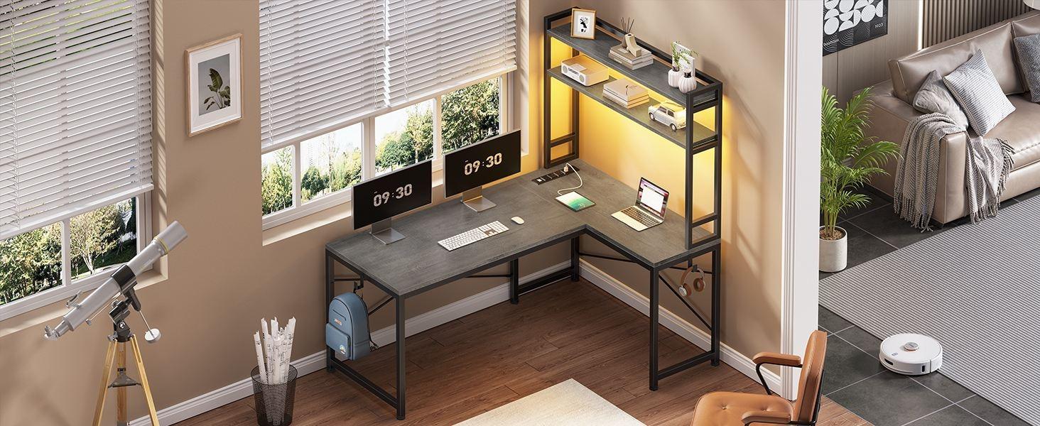 Sikaic 45.3 inches LED Reversible L Shaped Gaming Desk with Hutch Power Outlet Storage Shelves and Hooks Furniture Table Modern Ergonomic Computer Monitor Stand Dual Monitor Stand Sikaic 45.3 inches LED Reversible L Shaped Gaming Desk with Hutch Power Outlet Storage Shelves and Hooks Furniture Table Modern Ergonomic Computer Monitor Stand Dual Monitor Stand